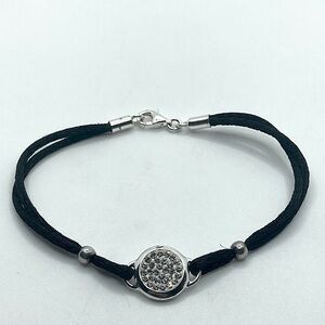 STERLING Silver & CZ Black Cord Bracelet 7” - Vintage